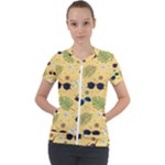 Seamless Pattern Of Sunglasses Tropical Leaves And Flowers Short Sleeve Zip Up Jacket