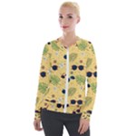 Seamless Pattern Of Sunglasses Tropical Leaves And Flowers Velvet Zip Up Jacket