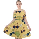 Seamless Pattern Of Sunglasses Tropical Leaves And Flowers Cut Out Shoulders Chiffon Dress