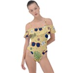 Seamless Pattern Of Sunglasses Tropical Leaves And Flowers Frill Detail One Piece Swimsuit