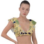 Seamless Pattern Of Sunglasses Tropical Leaves And Flowers Plunge Frill Sleeve Bikini Top