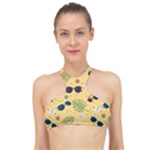 Seamless Pattern Of Sunglasses Tropical Leaves And Flowers High Neck Bikini Top