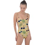 Seamless Pattern Of Sunglasses Tropical Leaves And Flowers Tie Strap One Piece Swimsuit