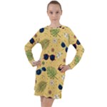 Seamless Pattern Of Sunglasses Tropical Leaves And Flowers Long Sleeve Hoodie Dress