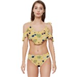 Seamless Pattern Of Sunglasses Tropical Leaves And Flowers Ruffle Edge Tie Up Bikini Set	