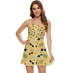 Seamless Pattern Of Sunglasses Tropical Leaves And Flowers Ruffle Edge Bra Cup Chiffon Mini Dress