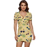 Seamless Pattern Of Sunglasses Tropical Leaves And Flowers Low Cut Cap Sleeve Mini Dress