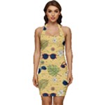 Seamless Pattern Of Sunglasses Tropical Leaves And Flowers Sleeveless Wide Square Neckline Ruched Bodycon Dress