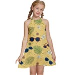 Seamless Pattern Of Sunglasses Tropical Leaves And Flowers Kids  Halter Collar Waist Tie Chiffon Dress
