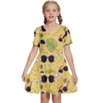 Seamless Pattern Of Sunglasses Tropical Leaves And Flowers Kids  Short Sleeve Tiered Mini Dress