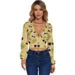 Seamless Pattern Of Sunglasses Tropical Leaves And Flowers Long Sleeve Deep-V Velour Top