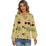 Seamless Pattern Of Sunglasses Tropical Leaves And Flowers Women s Long Sleeve Button Up Shirt