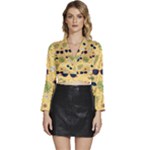Seamless Pattern Of Sunglasses Tropical Leaves And Flowers Long Sleeve Tie Back Satin Wrap Top