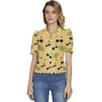 Seamless Pattern Of Sunglasses Tropical Leaves And Flowers Puffed Short Sleeve Button Up Jacket