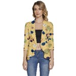 Seamless Pattern Of Sunglasses Tropical Leaves And Flowers Women s 3/4 Sleeve Ruffle Edge Open Front Jacket