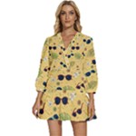 Seamless Pattern Of Sunglasses Tropical Leaves And Flowers V-Neck Placket Mini Dress