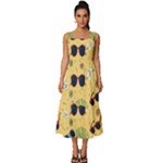 Seamless Pattern Of Sunglasses Tropical Leaves And Flowers Square Neckline Tiered Midi Dress