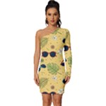 Seamless Pattern Of Sunglasses Tropical Leaves And Flowers Long Sleeve One Shoulder Mini Dress