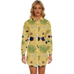 Seamless Pattern Of Sunglasses Tropical Leaves And Flowers Womens Long Sleeve Shirt Dress