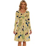 Seamless Pattern Of Sunglasses Tropical Leaves And Flowers Long Sleeve Dress With Pocket