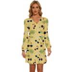Seamless Pattern Of Sunglasses Tropical Leaves And Flowers Long Sleeve Waist Tie Ruffle Velvet Dress