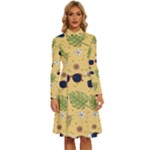 Seamless Pattern Of Sunglasses Tropical Leaves And Flowers Long Sleeve Shirt Collar A-Line Dress