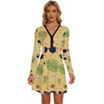 Seamless Pattern Of Sunglasses Tropical Leaves And Flowers Long Sleeve Deep V Mini Dress 