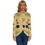 Seamless Pattern Of Sunglasses Tropical Leaves And Flowers Long Sleeve Crew Neck Pullover Top