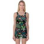 Pattern Forest Leaf Flower Motif One Piece Boyleg Swimsuit