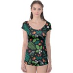 Pattern Forest Leaf Flower Motif Boyleg Leotard 