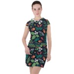 Pattern Forest Leaf Flower Motif Drawstring Hooded Dress