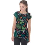 Pattern Forest Leaf Flower Motif Cap Sleeve High Low Top