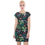 Pattern Forest Leaf Flower Motif Cap Sleeve Bodycon Dress