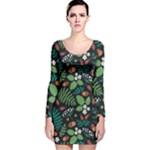 Pattern Forest Leaf Flower Motif Long Sleeve Velvet Bodycon Dress