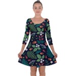 Pattern Forest Leaf Flower Motif Quarter Sleeve Skater Dress