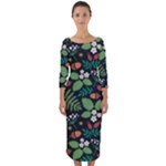 Pattern Forest Leaf Flower Motif Quarter Sleeve Midi Bodycon Dress