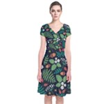 Pattern Forest Leaf Flower Motif Short Sleeve Front Wrap Dress