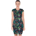 Pattern Forest Leaf Flower Motif Capsleeve Drawstring Dress 