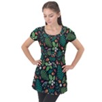 Pattern Forest Leaf Flower Motif Puff Sleeve Tunic Top