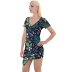Pattern Forest Leaf Flower Motif Short Sleeve Asymmetric Mini Dress