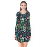 Pattern Forest Leaf Flower Motif Long Sleeve V-neck Flare Dress
