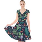 Pattern Forest Leaf Flower Motif Cap Sleeve Front Wrap Midi Dress