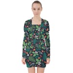 Pattern Forest Leaf Flower Motif V-neck Bodycon Long Sleeve Dress