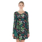 Pattern Forest Leaf Flower Motif Long Sleeve Velvet V-neck Dress