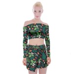 Pattern Forest Leaf Flower Motif Off Shoulder Top with Mini Skirt Set