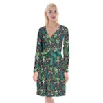 Pattern Forest Leaf Flower Motif Long Sleeve Velvet Front Wrap Dress