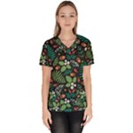 Pattern Forest Leaf Flower Motif Women s V-Neck Scrub Top