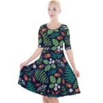 Pattern Forest Leaf Flower Motif Quarter Sleeve A-Line Dress