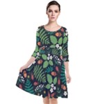 Pattern Forest Leaf Flower Motif Quarter Sleeve Waist Band Dress