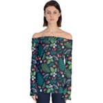 Pattern Forest Leaf Flower Motif Off Shoulder Long Sleeve Top